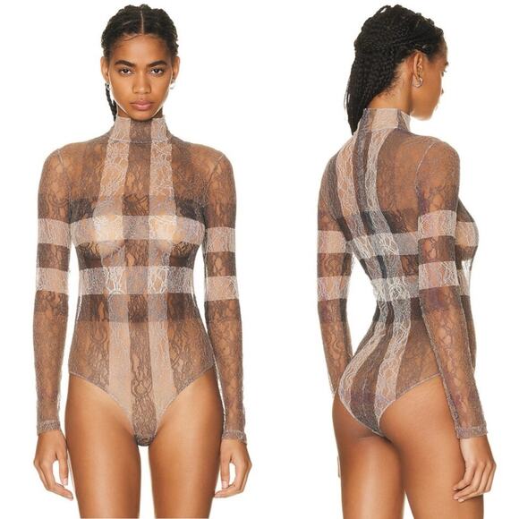 Burberry Checked Stretch-Knit Long Sleeve High Neck Bodysuit in Dark Birch Brown - Picture 6 of 17